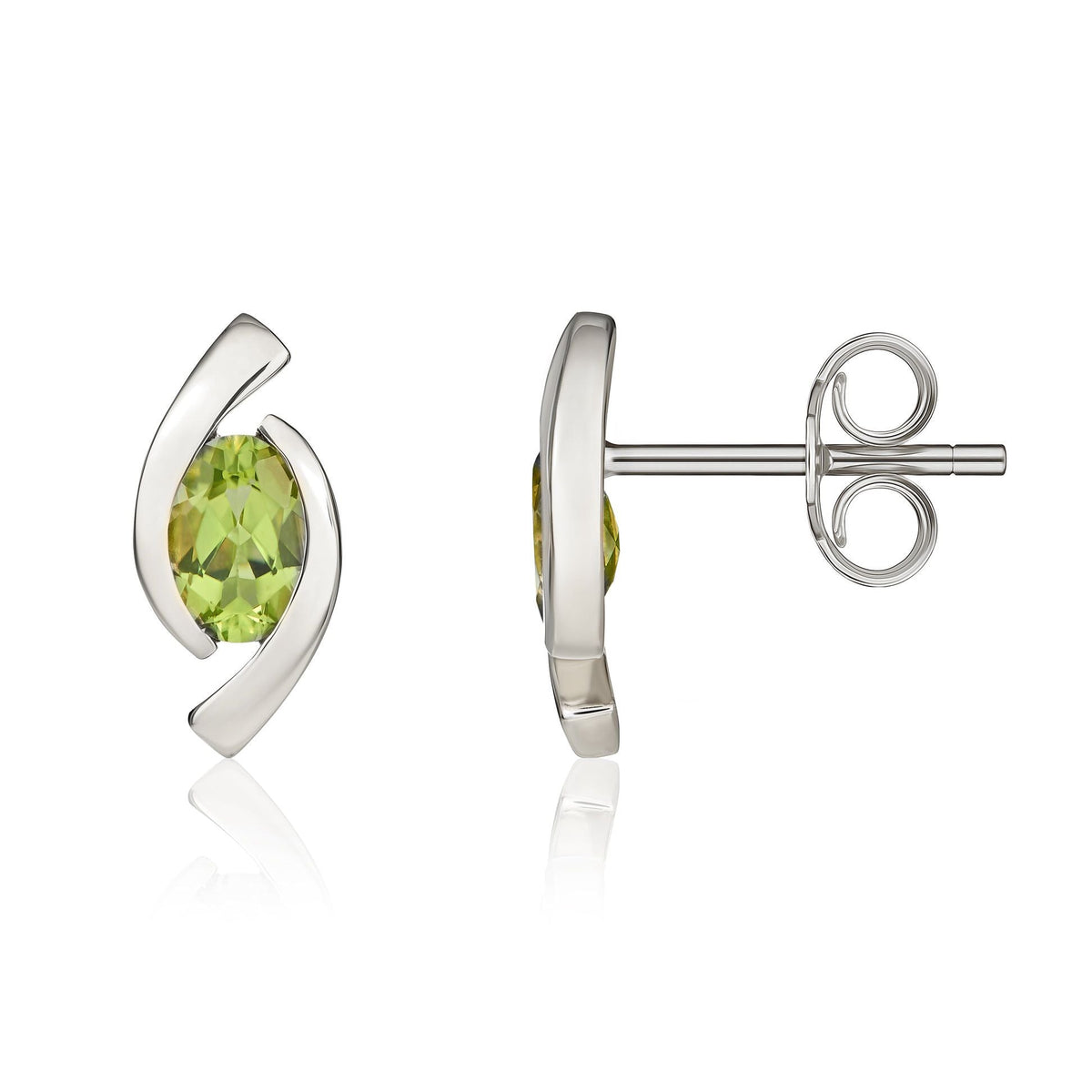 9ct White Gold Oval Natural Peridot 'Eye' Stud Earrings — 6x4mm