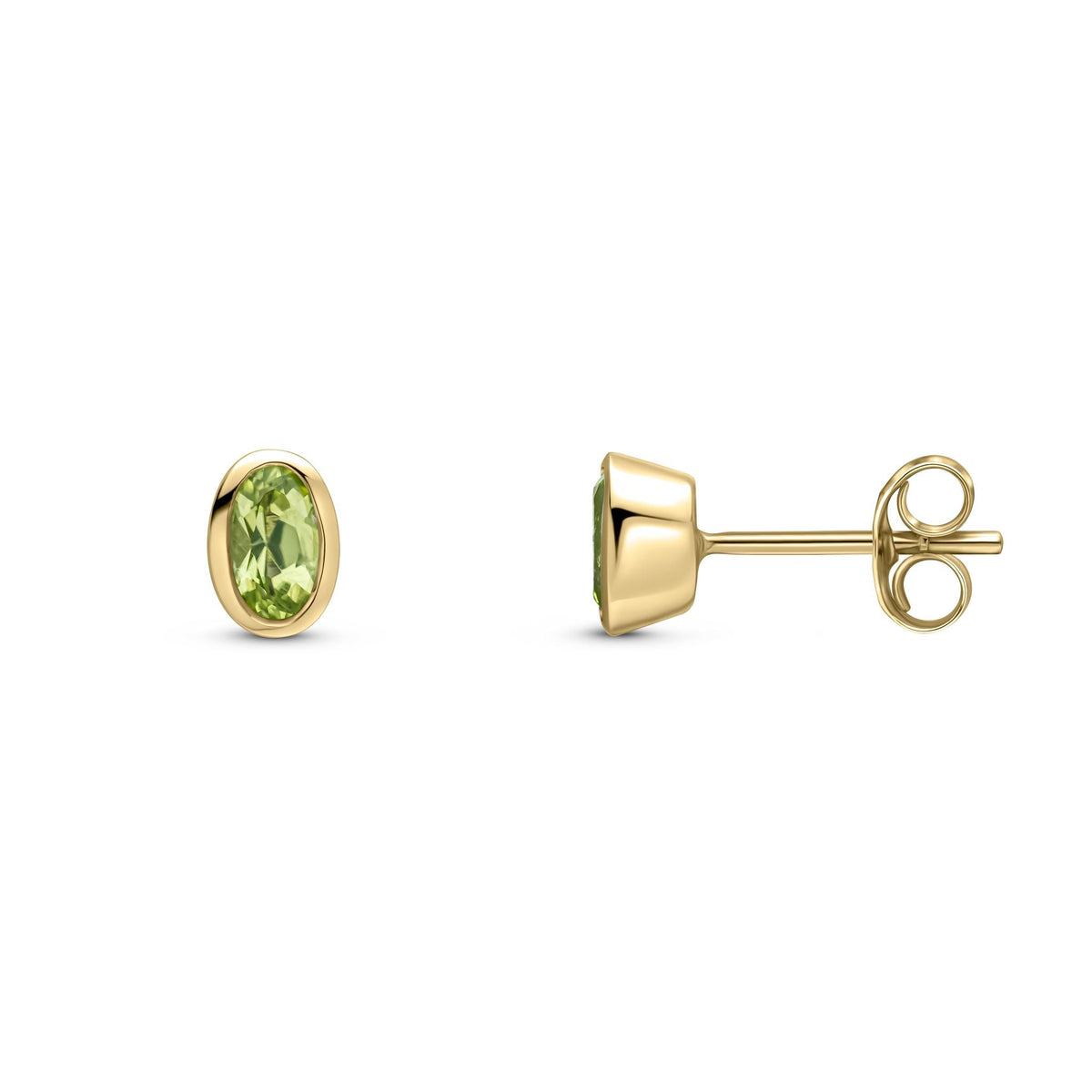 9ct Yellow Gold Oval Natural Peridot Rubover Stud Earrings — 5x3mm