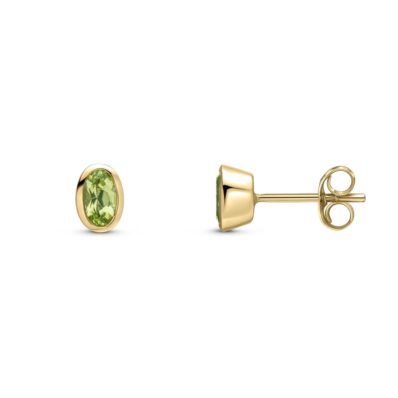 9ct Yellow Gold Oval Natural Peridot Rubover Stud Earrings — 5x3mm