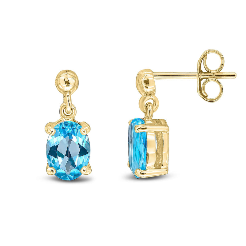 9ct Yellow Gold Oval Natural Swiss Blue Topaz Claw Drop Earrings — 7x5mm