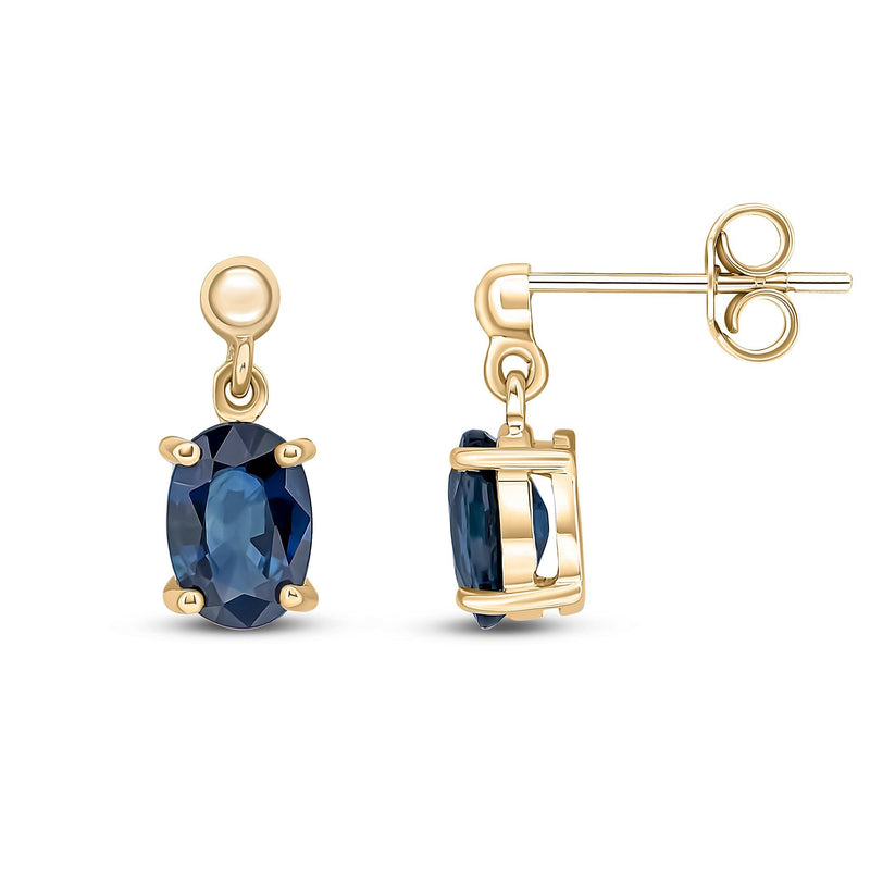 9ct Yellow Gold Oval Natural Sapphire Claw Drop Earrings — 7x5mm