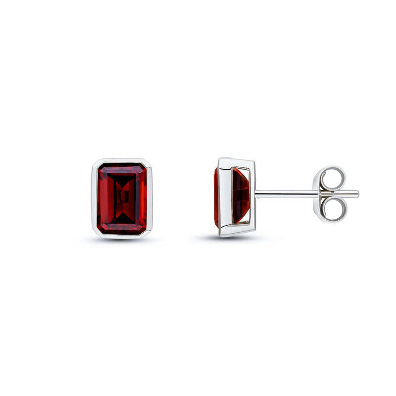 9ct White Gold Octagonal Emerald Cut Natural Garnet Rubover Stud Earrings — 7x5mm