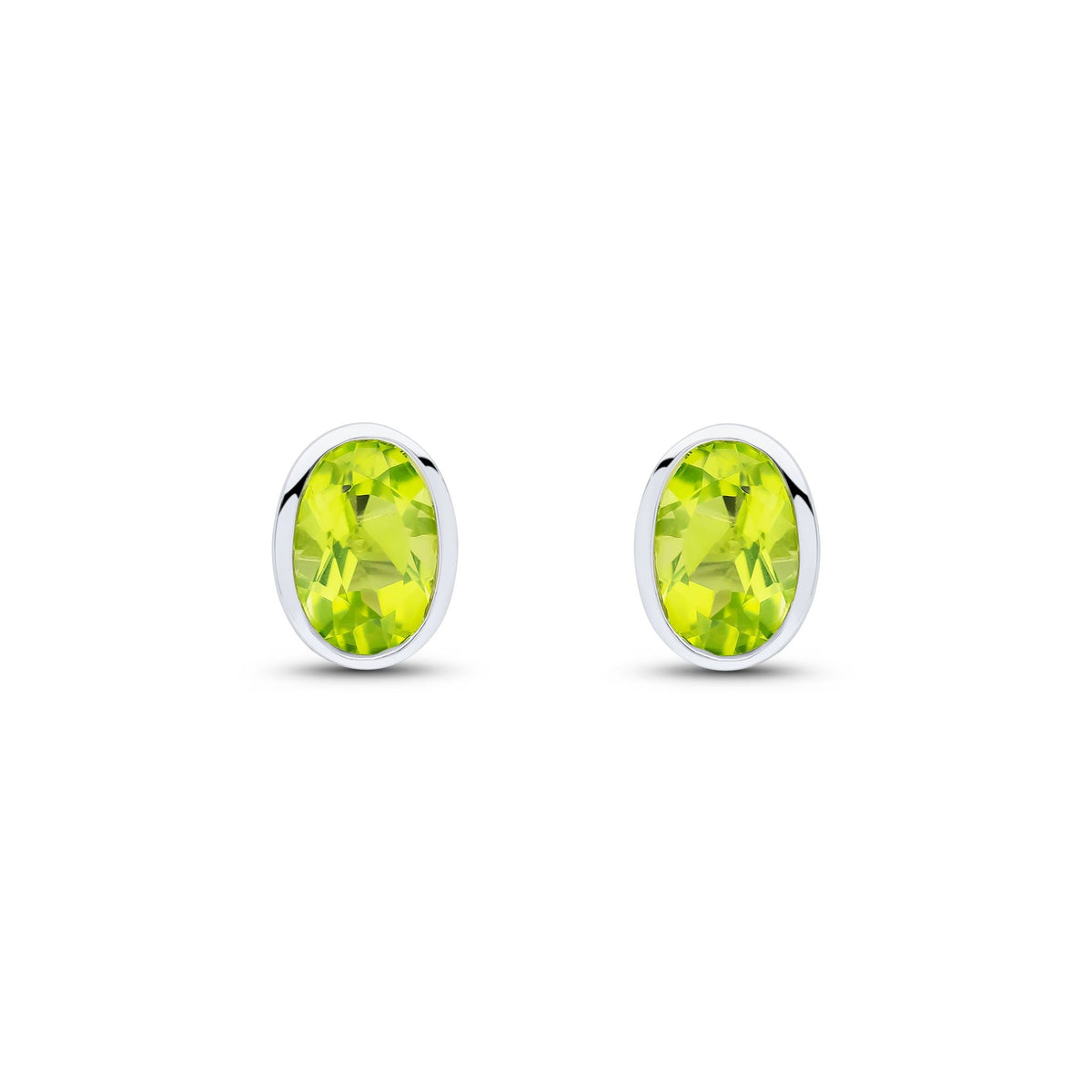 9ct White Gold Oval Natural Peridot Rubover Stud Earrings — 7x5mm