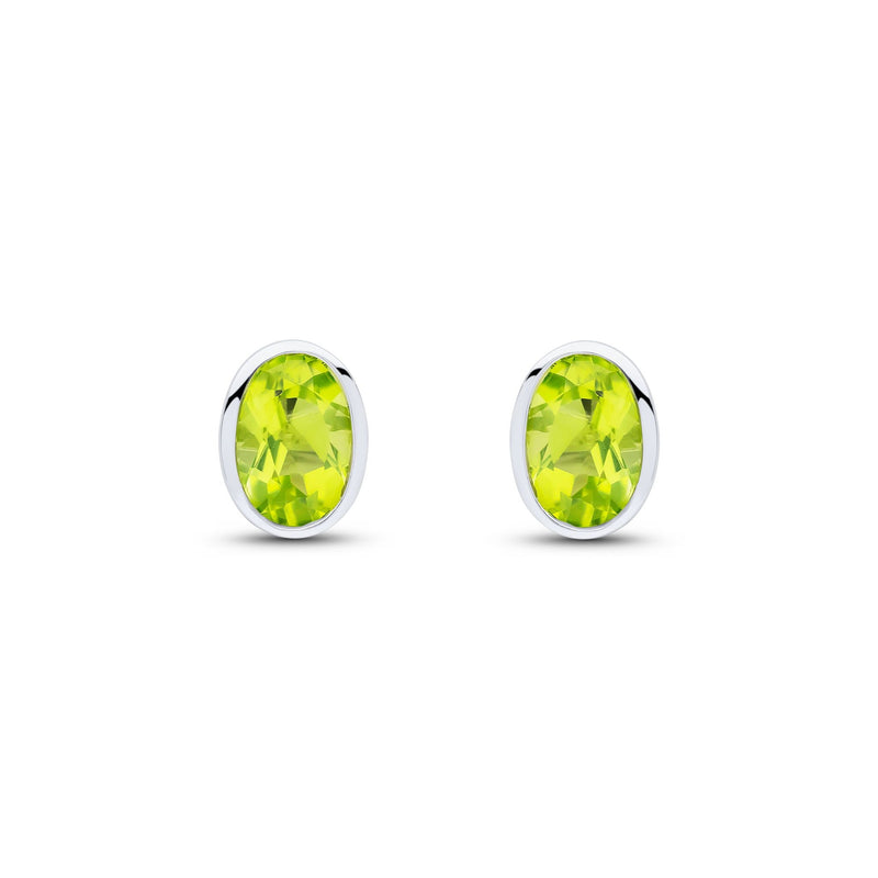 9ct White Gold Oval Natural Peridot Rubover Stud Earrings — 7x5mm
