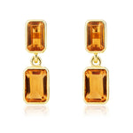9ct Yellow Gold Octagonal Emerald Cut Natural Citrine Double Stone Rubover Drop Earrings