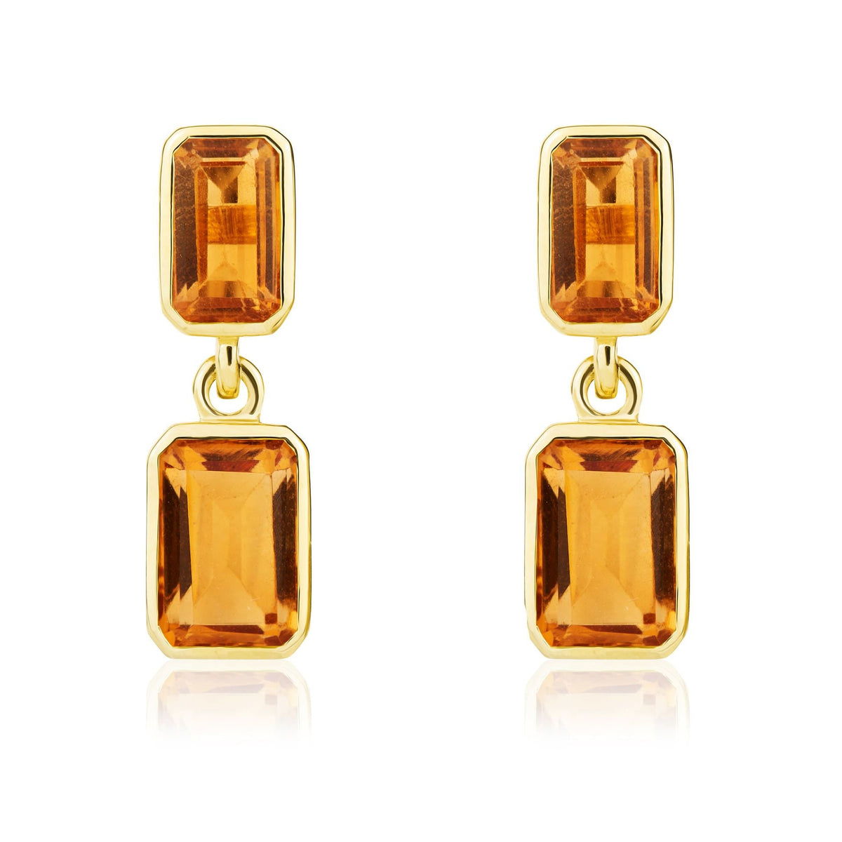 9ct Yellow Gold Octagonal Emerald Cut Natural Citrine Double Stone Rubover Drop Earrings