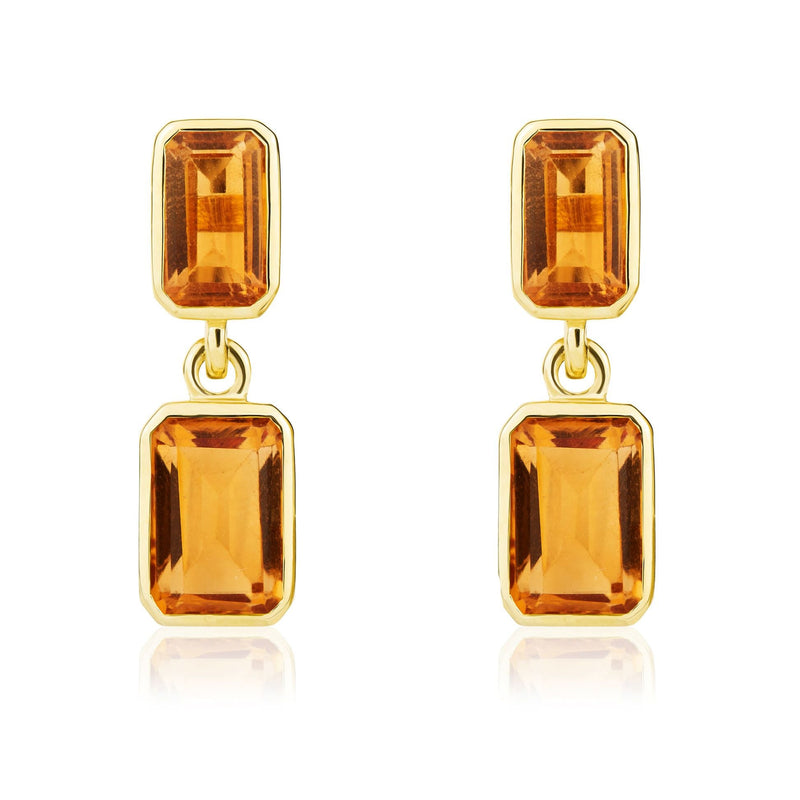 9ct Yellow Gold Octagonal Emerald Cut Natural Citrine Double Stone Rubover Drop Earrings