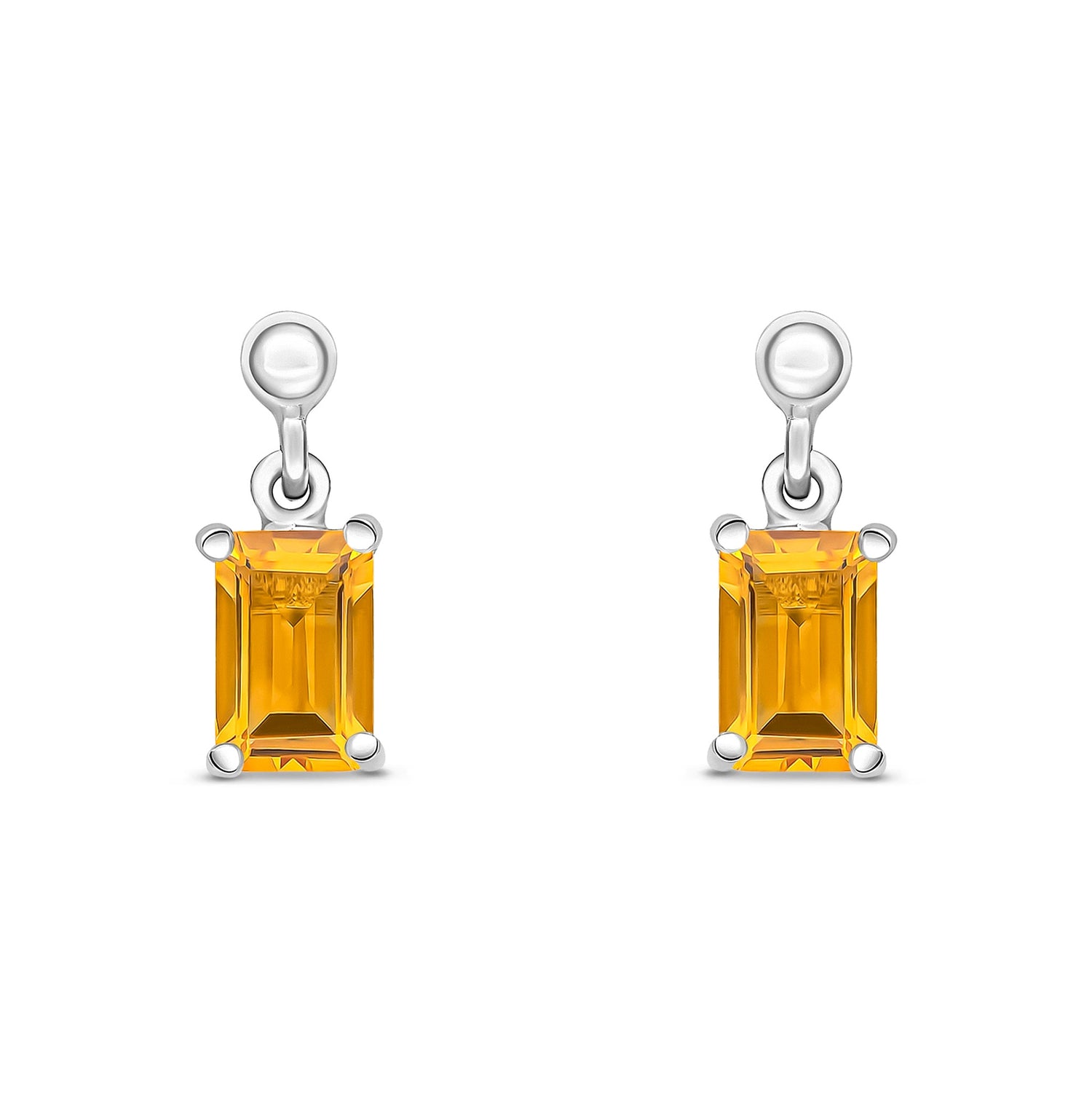 9ct White Gold Octagonal Emerald Cut Natural Citrine Claw Drop Earrings with Bead Tops — 6x4mm