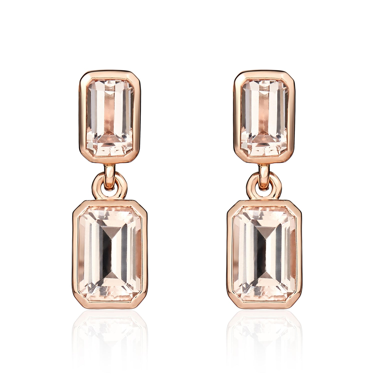 9ct Rose Gold Octagonal Emerald Cut Natural Morganite Double Stone Rubover Drop Earrings — 6x4mm