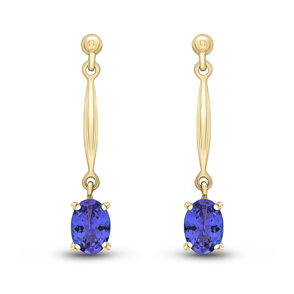 9ct Yellow Gold Oval Natural Tanzanite Claw Bar Drop Earrings — 7x5mm