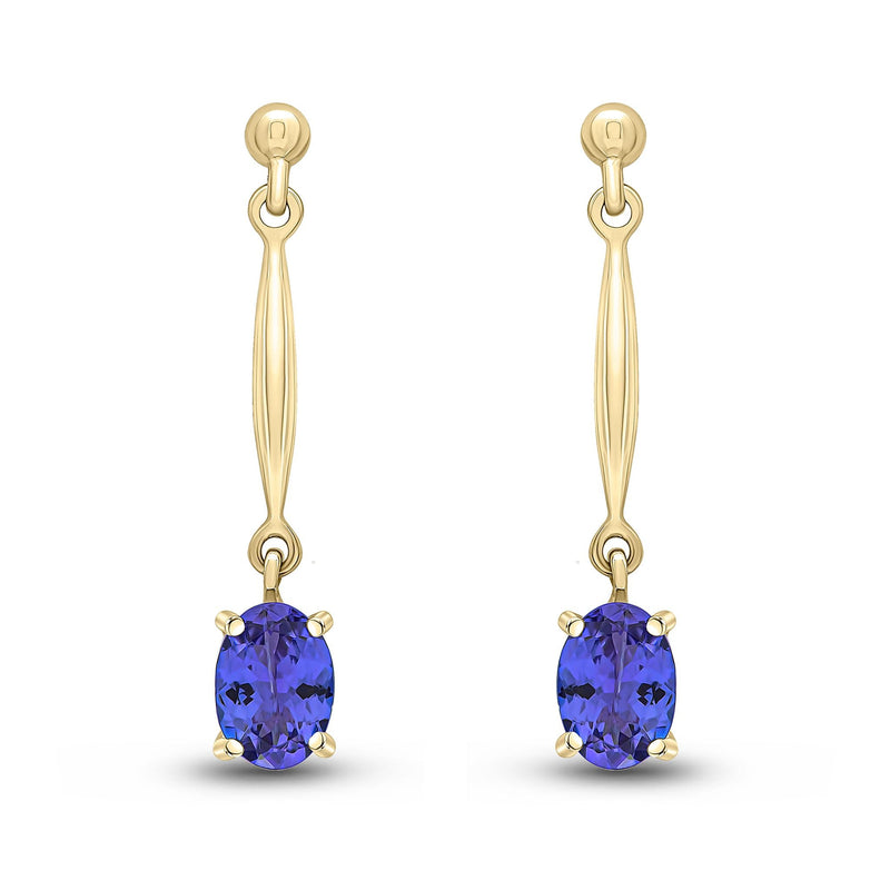 9ct Yellow Gold Oval Natural Tanzanite Claw Bar Drop Earrings — 7x5mm