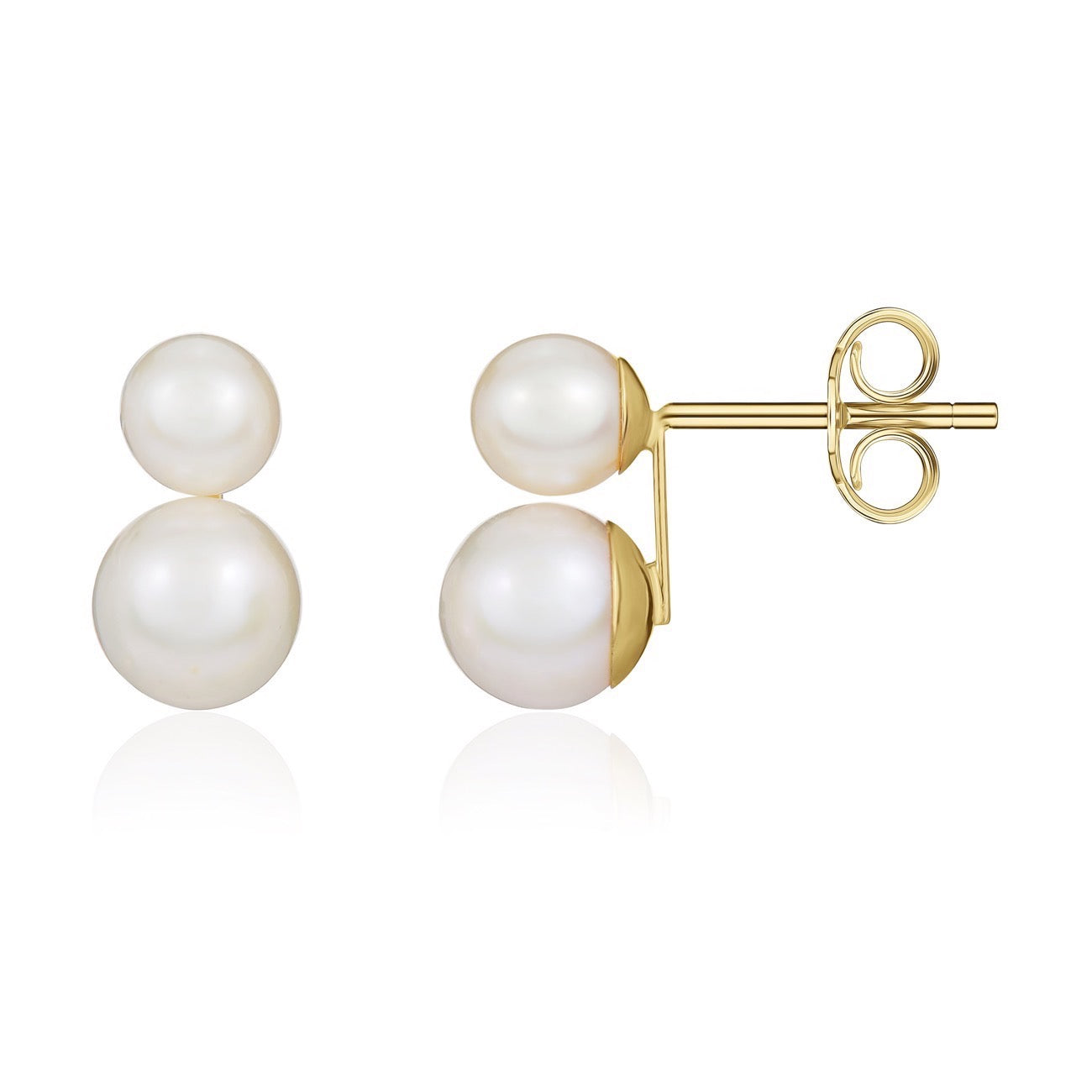 9ct Yellow Gold Freshwater Cultured Pearl Two Stone Stud Earrings — 6mm and 8mm