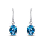 9ct White Gold Oval Natural London Blue Topaz Claw Hook Wire Drop Earrings — 7x5mm