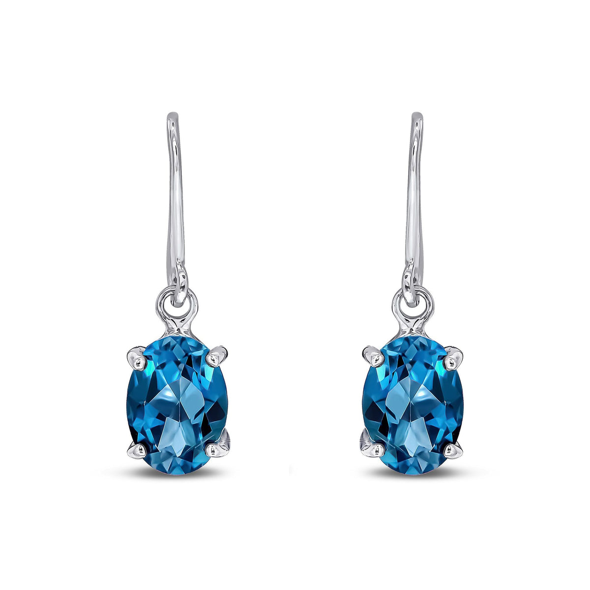 9ct White Gold Oval Natural London Blue Topaz Claw Hook Wire Drop Earrings — 7x5mm