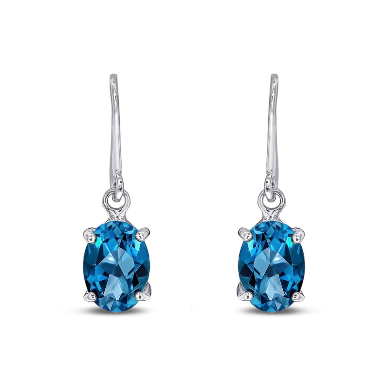 9ct White Gold Oval Natural London Blue Topaz Claw Hook Wire Drop Earrings — 7x5mm