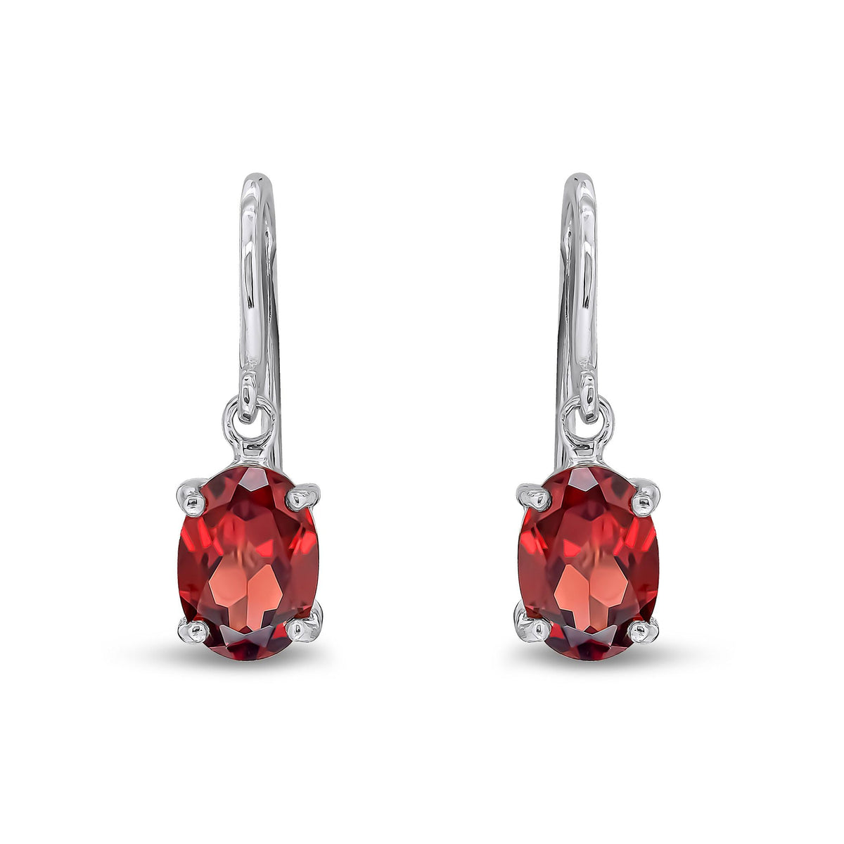 9ct White Gold Oval Natural Garnet Claw Hook Wire Drop Earrings — 7x5mm