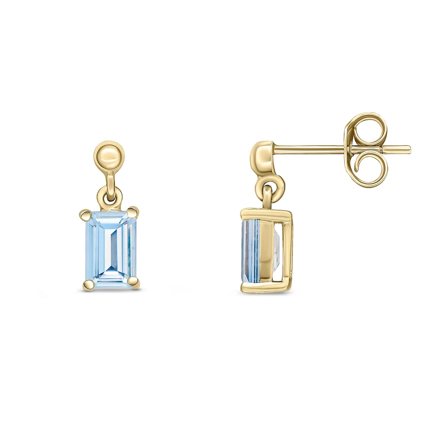 9ct Yellow Gold Octagonal Emerald Cut Natural Aquamarine Claw Drop Earrings with Bead Tops — 6x4mm