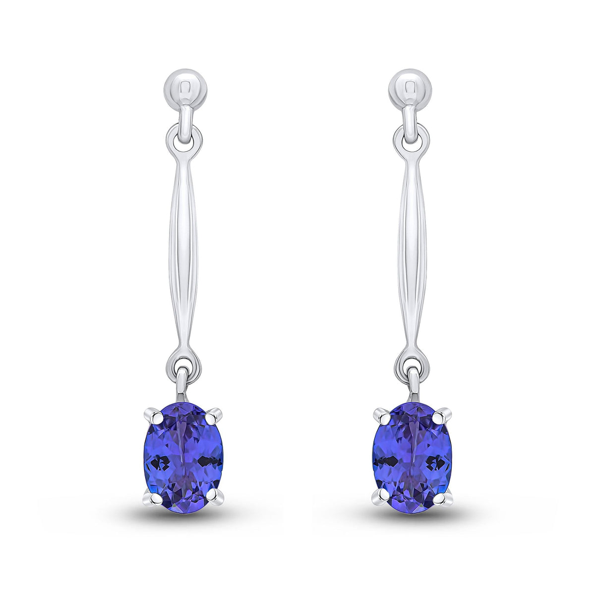 9ct White Gold Oval Natural Tanzanite Claw Bar Drop Earrings — 7x5mm