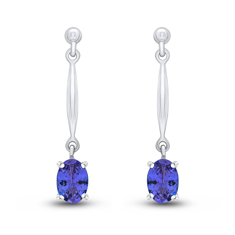 9ct White Gold Oval Natural Tanzanite Claw Bar Drop Earrings — 7x5mm