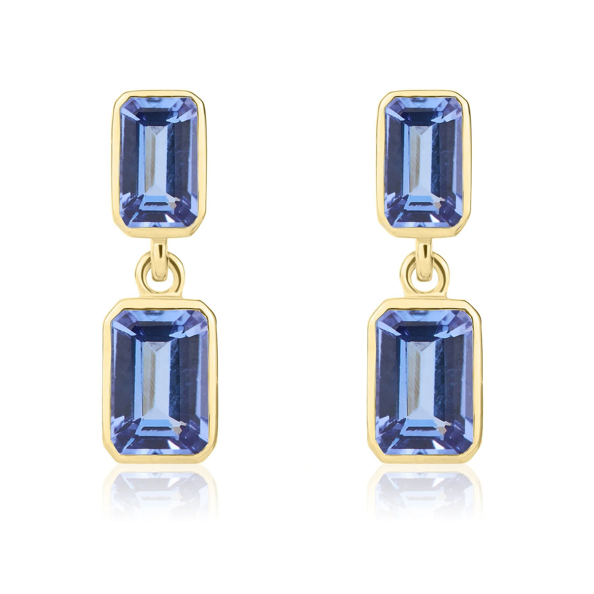 9ct Yellow Gold Octagonal Emerald Cut Natural Tanzanite Double Stone Rubover Drop Earrings