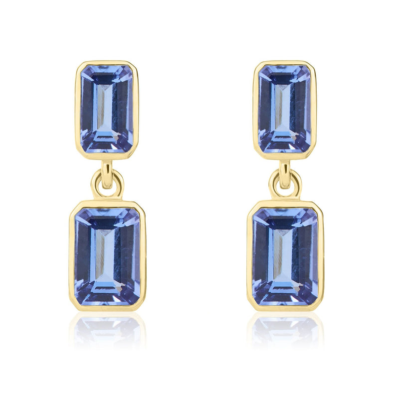 9ct Yellow Gold Octagonal Emerald Cut Natural Tanzanite Double Stone Rubover Drop Earrings