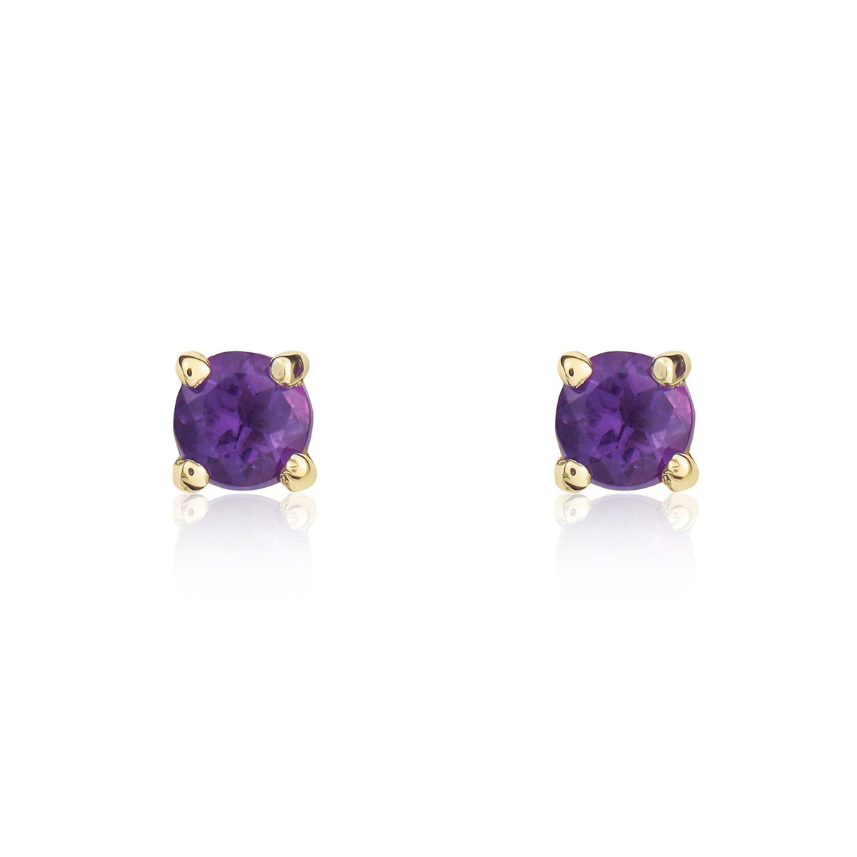 9ct Yellow Gold Round Natural Amethyst Claw Stud Earrings — 3mm