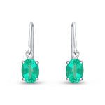 9ct White Gold Oval Natural Emerald Claw Hook Wire Drop Earrings — 7x5mm