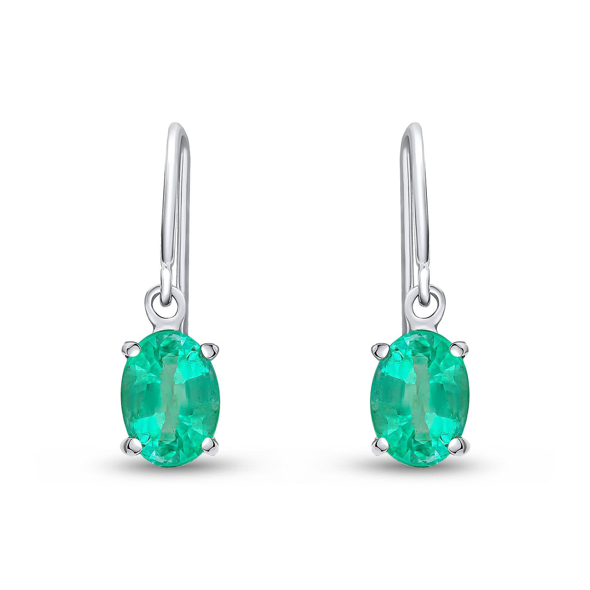 9ct White Gold Oval Natural Emerald Claw Hook Wire Drop Earrings — 7x5mm