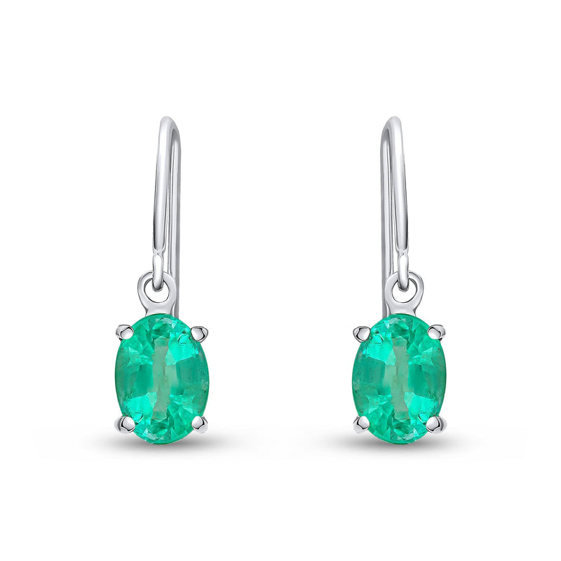 9ct White Gold Oval Natural Emerald Claw Hook Wire Drop Earrings — 7x5mm
