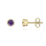 9ct Yellow Gold Round Natural Amethyst Rubover Stud Earrings — 3mm