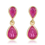 9ct Yellow Gold Pear Shaped Natural Ruby Two Stone Rubover Drop Earrings