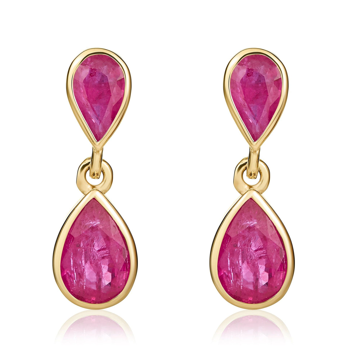 9ct Yellow Gold Pear Shaped Natural Ruby Two Stone Rubover Drop Earrings