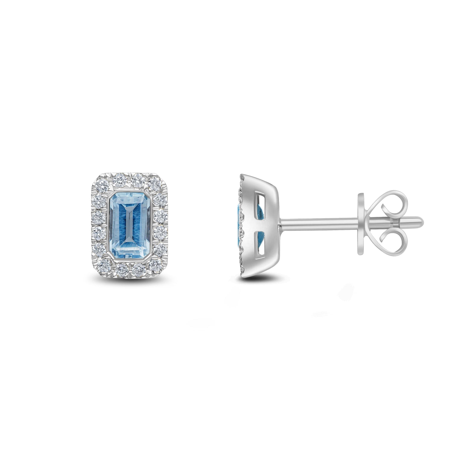18ct White Gold Octagonal Emerald Cut Natural Aquamarine and Diamond Cluster Earrings — 5x3mm