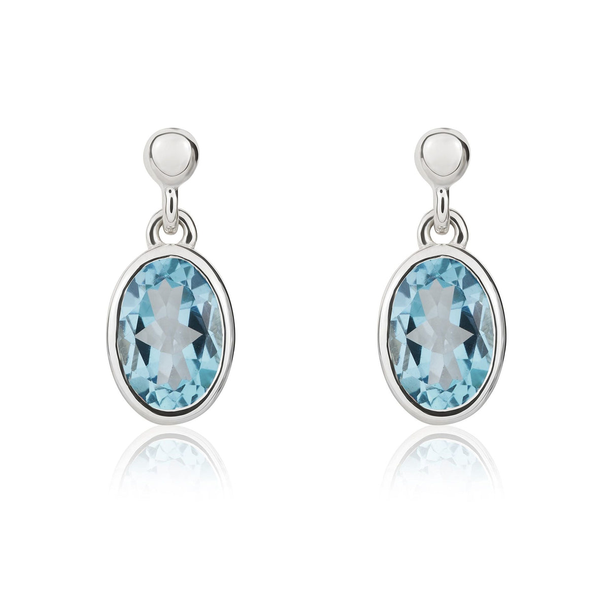 9ct White Gold Oval Natural Swiss Blue Topaz Rubover Drop Earrings — 6x4mm