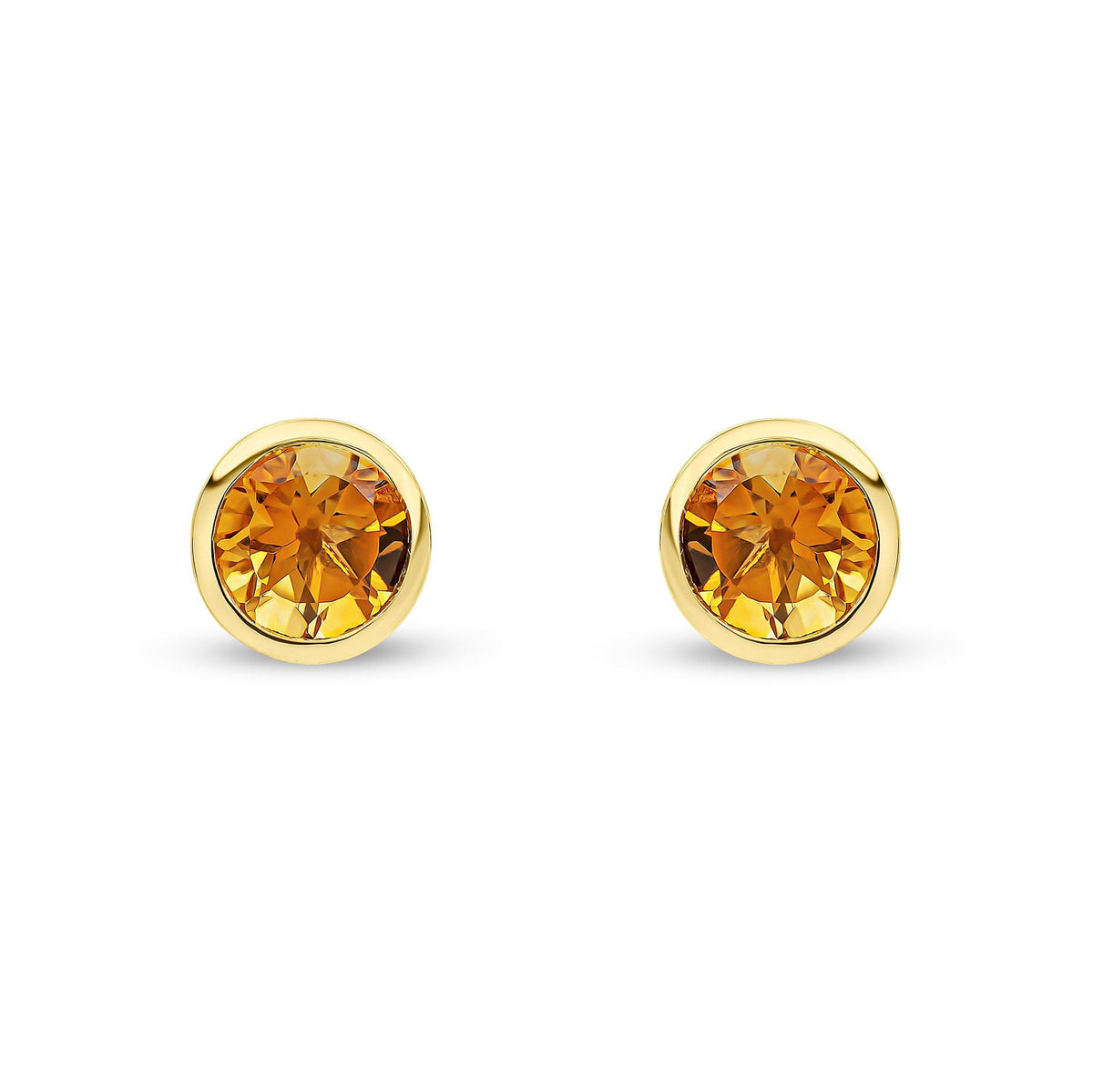 9ct Yellow Gold Round Natural Citrine Rubover Stud Earrings — 6mm