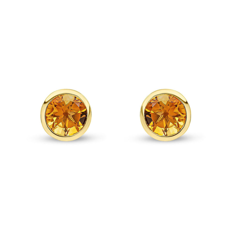 9ct Yellow Gold Round Natural Citrine Rubover Stud Earrings — 6mm