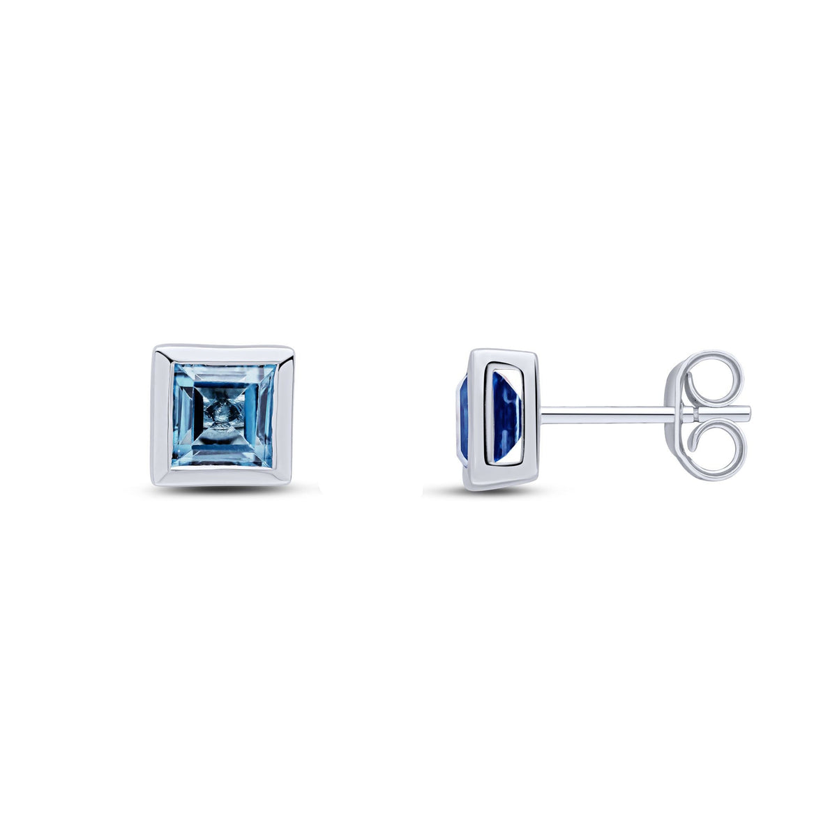 9ct White Gold Square Natural London Blue Topaz Rubover Stud Earrings — 5mm