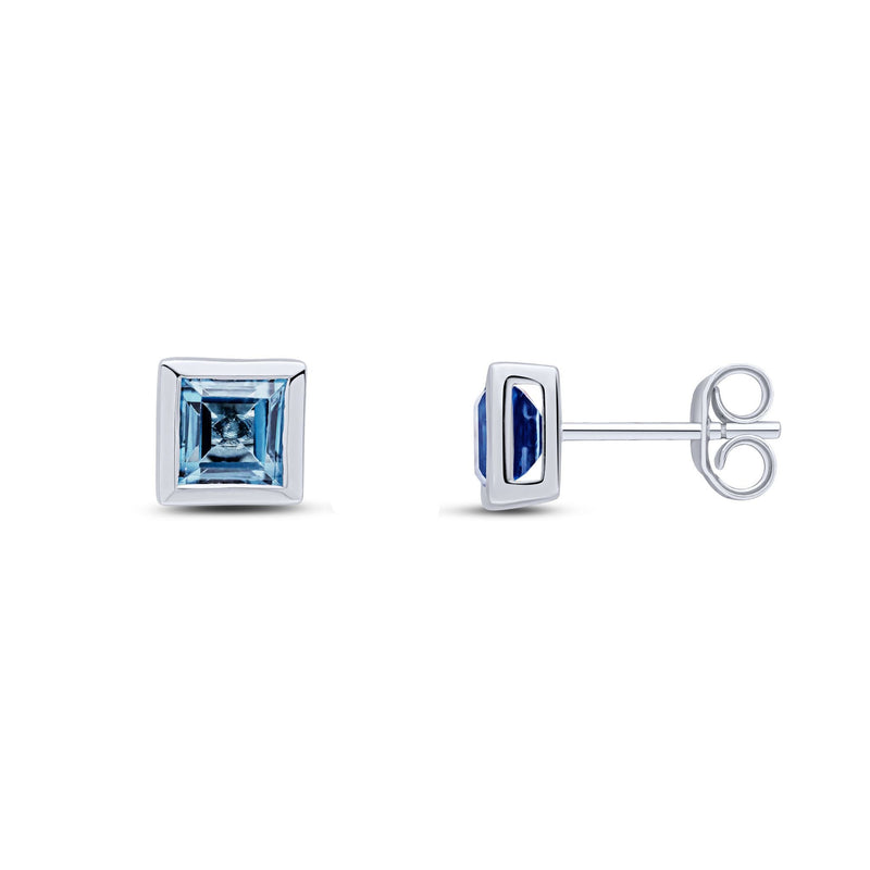 9ct White Gold Square Natural London Blue Topaz Rubover Stud Earrings — 5mm