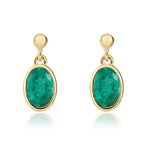9ct Yellow Gold Oval Natural Emerald Rubover Drop Earrings — 7x5mm