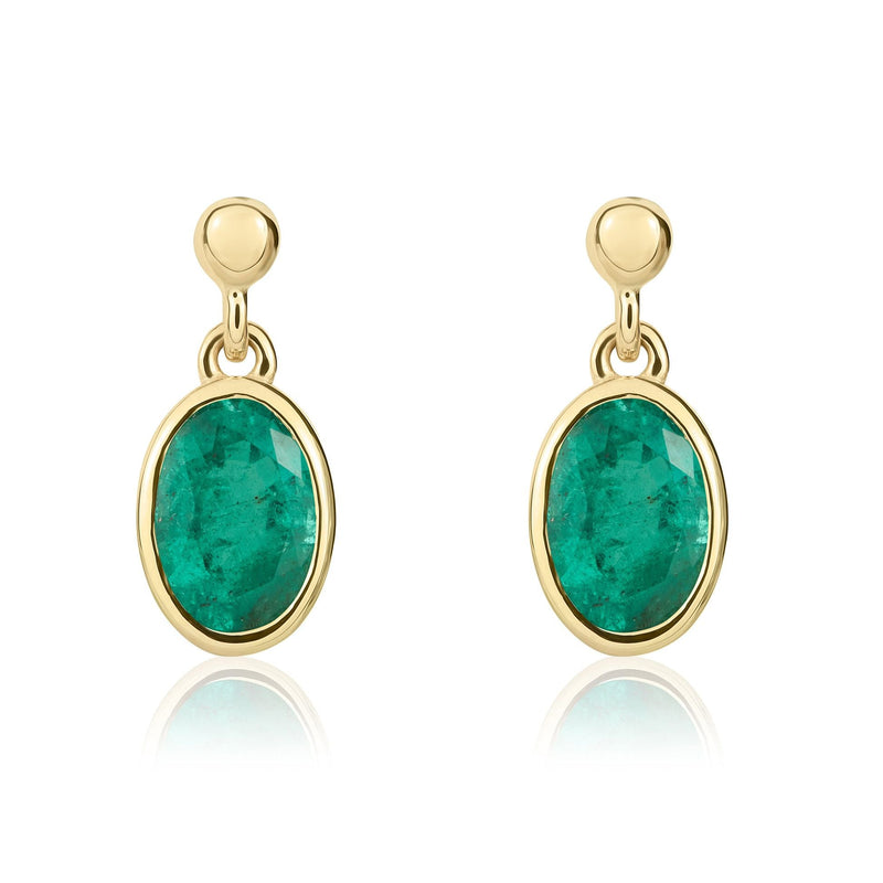 9ct Yellow Gold Oval Natural Emerald Rubover Drop Earrings — 7x5mm