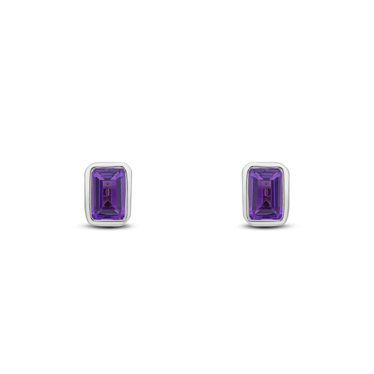 9ct White Gold Octagonal Emerald Cut Natural Amethyst Rubover Stud Earrings — 5x3mm