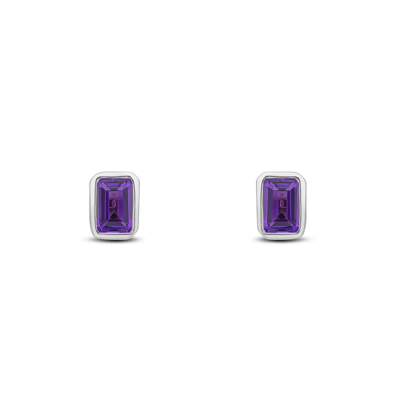 9ct White Gold Octagonal Emerald Cut Natural Amethyst Rubover Stud Earrings — 5x3mm