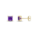 9ct Yellow Gold Square Natural Amethyst Claw Stud Earrings — 5mm