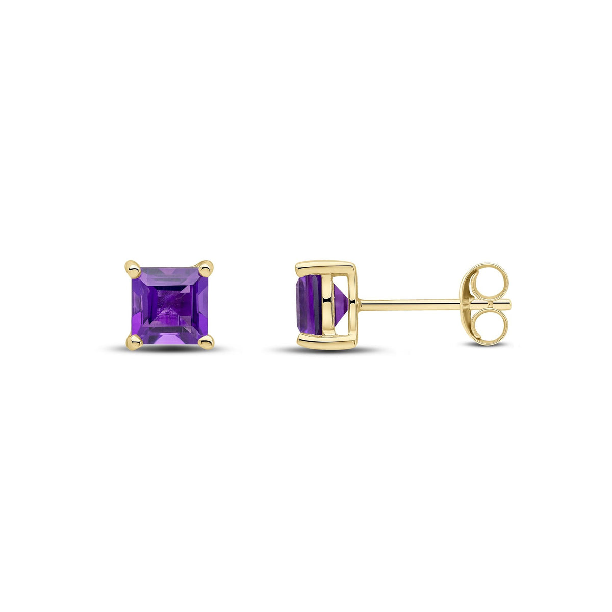 9ct Yellow Gold Square Natural Amethyst Claw Stud Earrings — 5mm