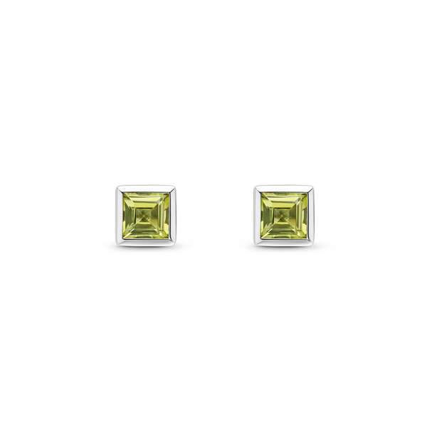 9ct White Gold Square Natural Peridot Rubover Stud Earrings — 3mm