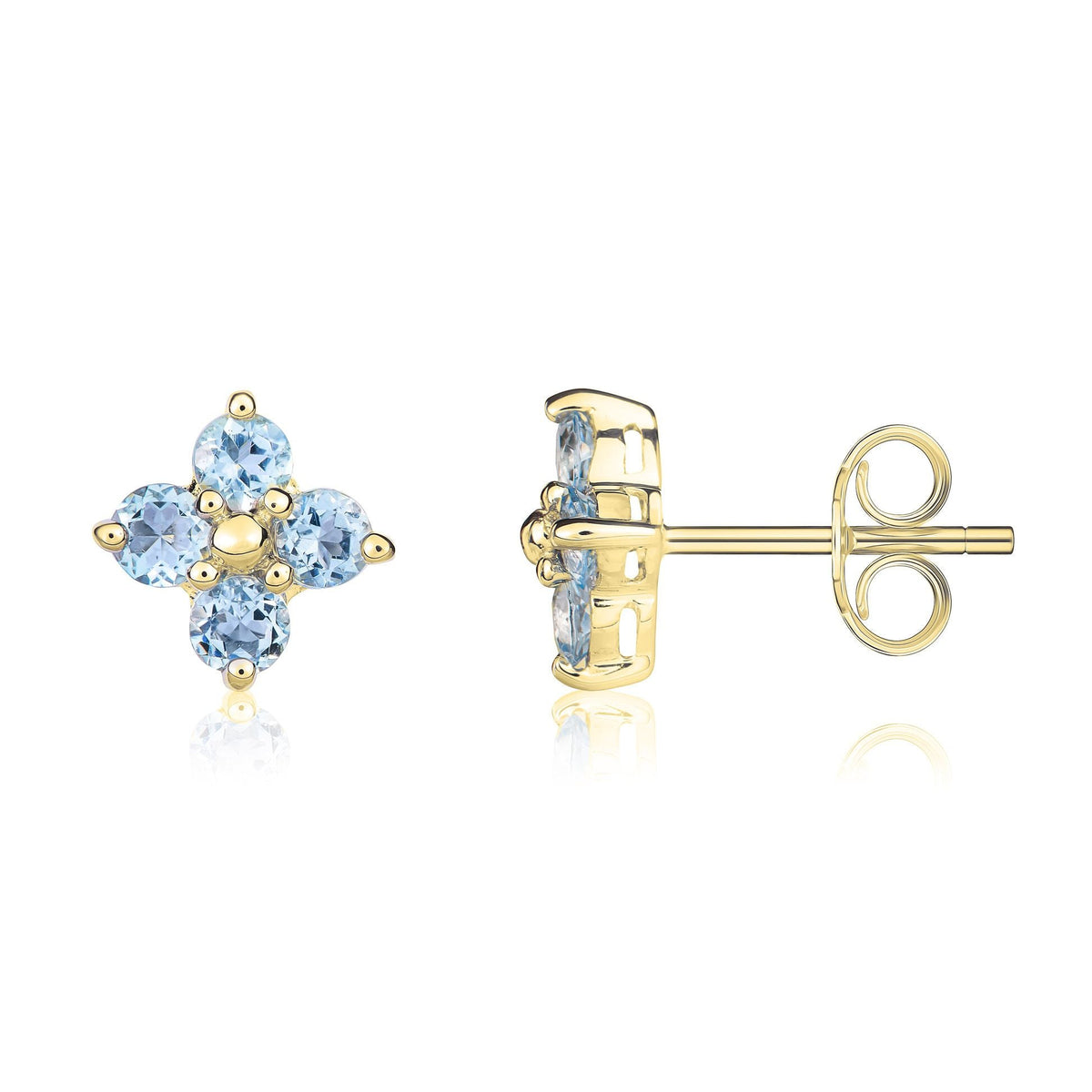 9ct Yellow Gold Round Natural Aquamarine Four Stone Cluster Stud Earrings