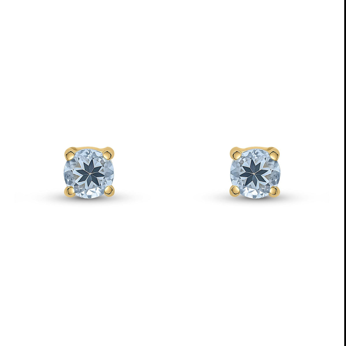 9ct Yellow Gold Round Natural Aquamarine Claw Stud Earrings — 4mm