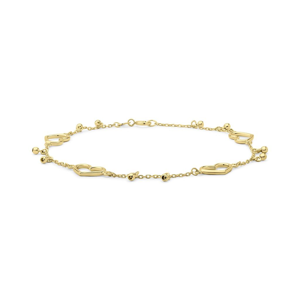 9ct Yellow Gold Heart Station Bracelet with Dangle Beads