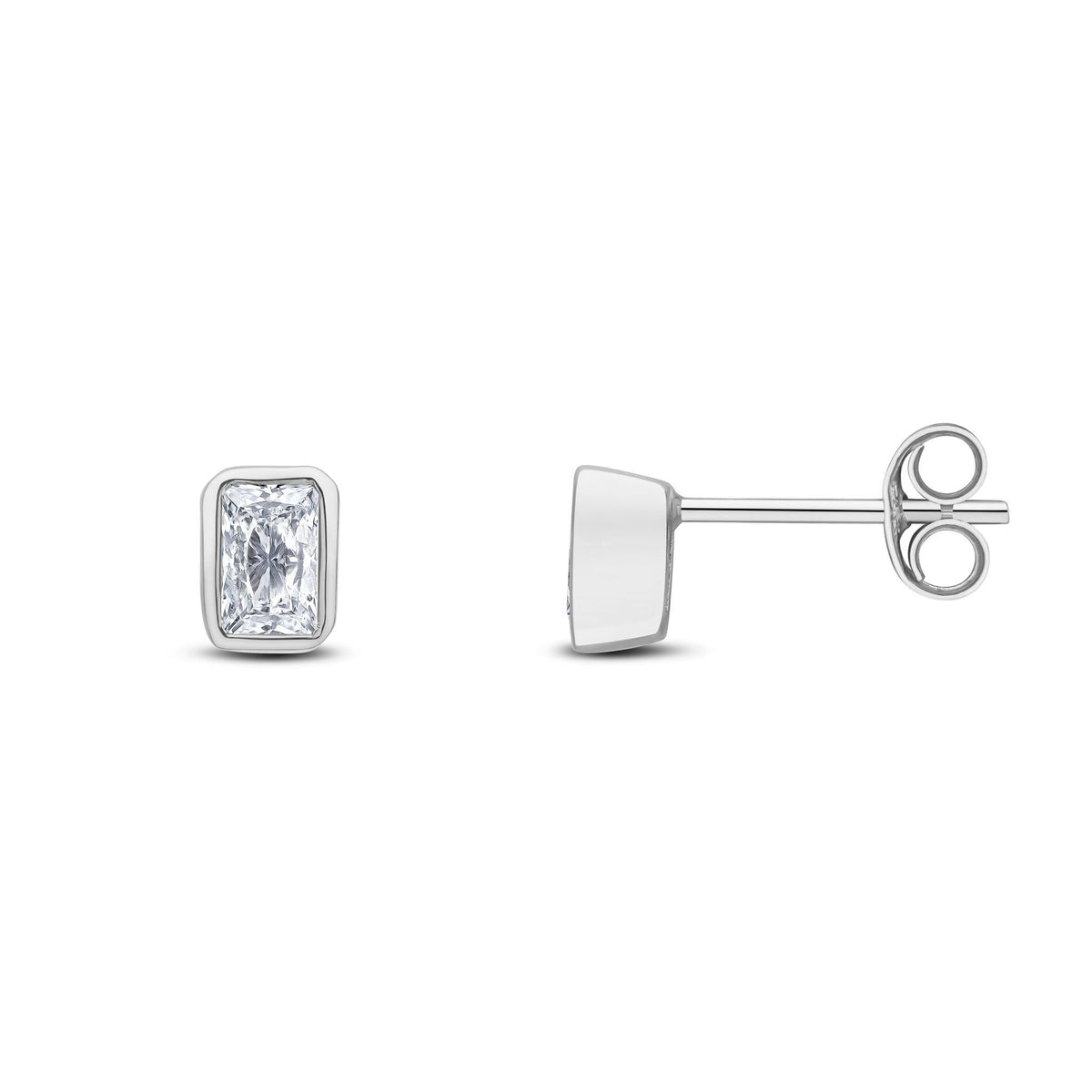 9ct White Gold Octagonal Emerald Cut Cubic Zirconia CZ Rubover Stud Earrings — 5x3mm