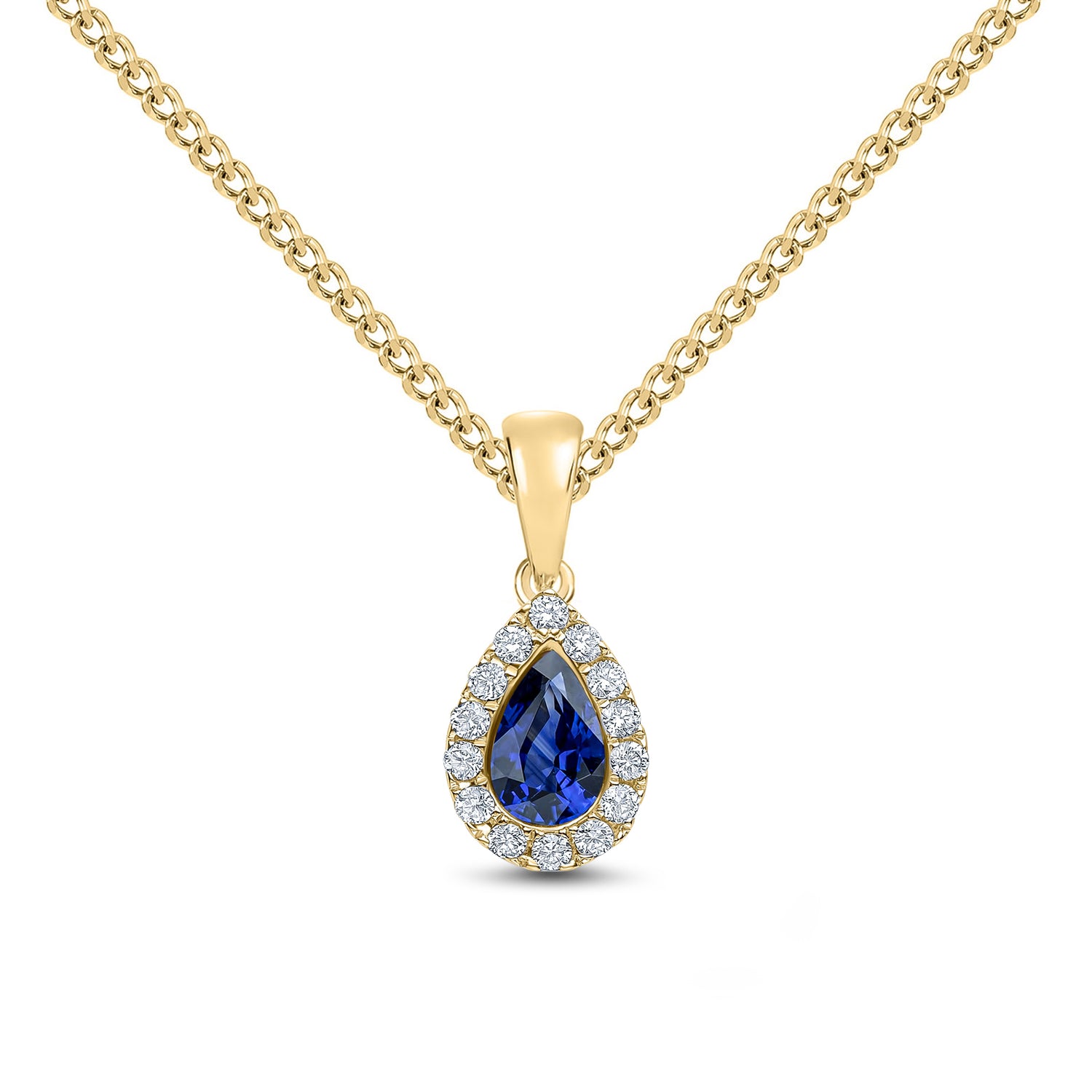 18ct Yellow Gold Pear Shaped Natural Sapphire and Round Diamond Microset Cluster Pendant — 6x4mm